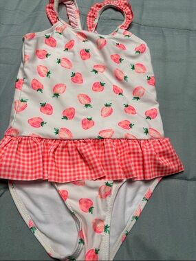 Kids Pink Strawberry Print Swimsuit with Gingham Ruffle